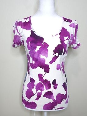 Escada Made in Italy Mixed Print Top Size Small Purple Floral Black Abstract